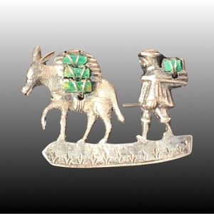 Vtg. Unique MINER & BURRO 
900 Sterling Silver Brooch With Colombian Emerald…